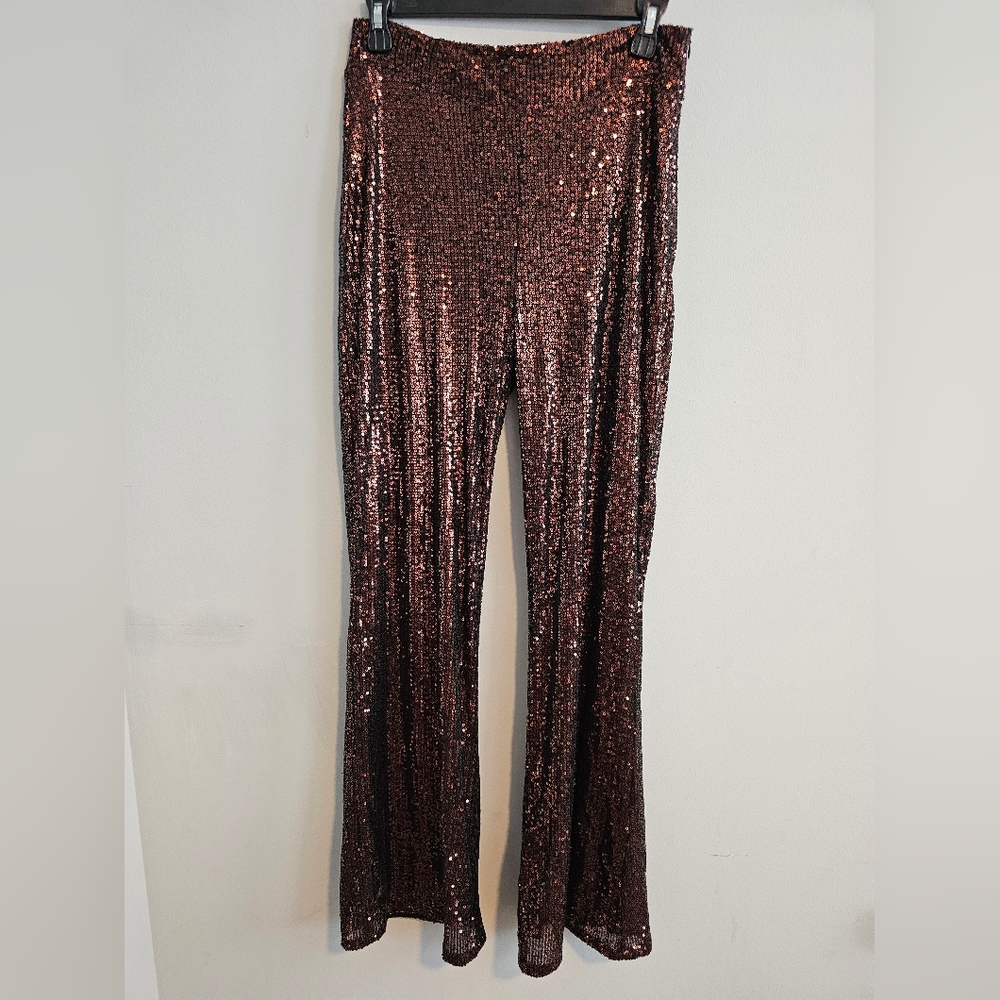 Pink Lily Bronze Sequin Flare Pants | Medium